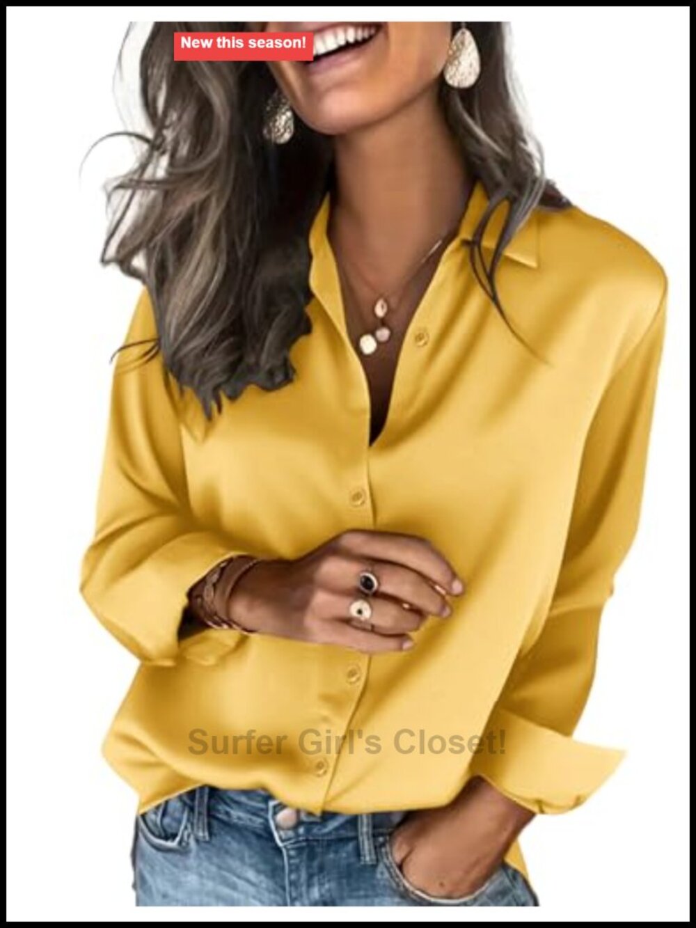 Satin Button Down Blouse Long Sleeve V-Neck Polyester Spandex Top